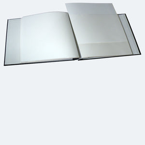Black Buckram 12x12 album open showing partially removed insert page from The Photo Album Shop