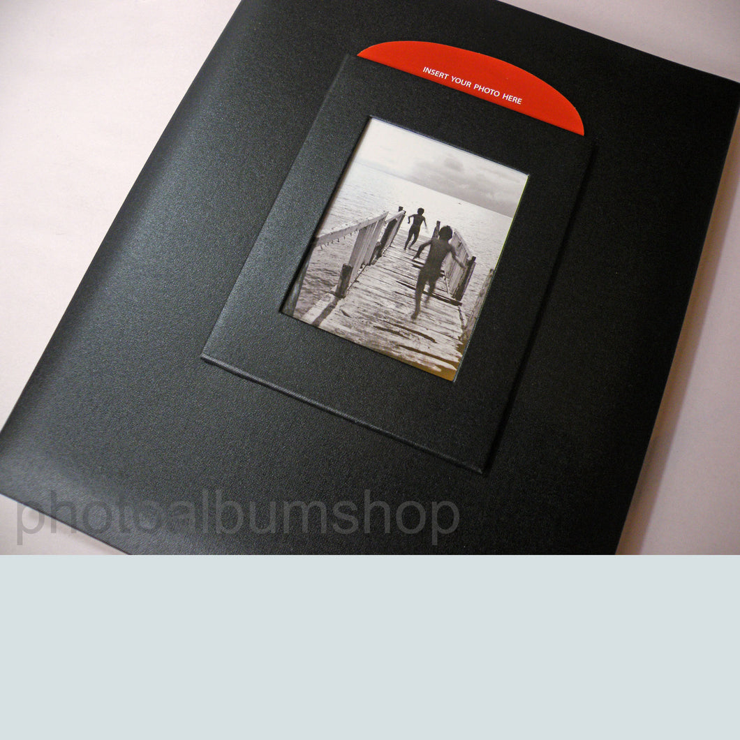 Black Buckram A4 archival scrapbook photo album showing cover texture and image window from The Photo Album Shop