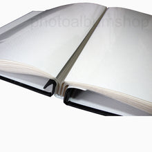 Open Black Buckram scrapbook album showing hinged pages which lay flat when open from The Photo Album Shop