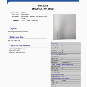 Product Specification Sheet for Zanzibar 3708G7C white 6x4 slip-in 200 photo albums