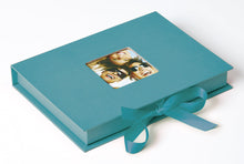 Fun 6x4 and 7x5 teal photo boxes with windows and ribbon ties