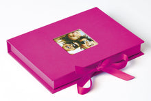 Fun 10x15 and 13x18 hot pink photo boxes with windows and ribbon ties