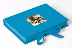 Fun 4x6 and 5x7 bright blue photo boxes with windows and ribbon ties