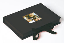 Fun 4x6 and 5x7 black photo boxes with windows and ribbon ties