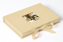 Fun cream photo boxes for up to 70 4x6 and 5x7 inch photos with windows and ribbon ties