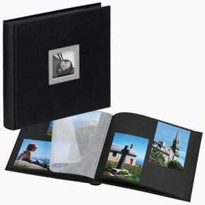 Black Linen small photo album and open album with 6x4 photos from The Photo Album Shop
